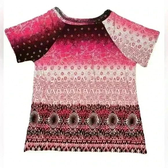 Cocomo Top Womens Sz 3X Multicolor Pink Print Stretch Short Sleeve Blouse EUC - Picture 8 of 8